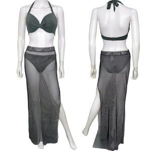 Jade Swim Mesh Open Knit Maxi Skirt with High Slit Black & White Womens Size M/L